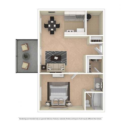 Floor plan for 1 bed, 1 bath, 750 sqft